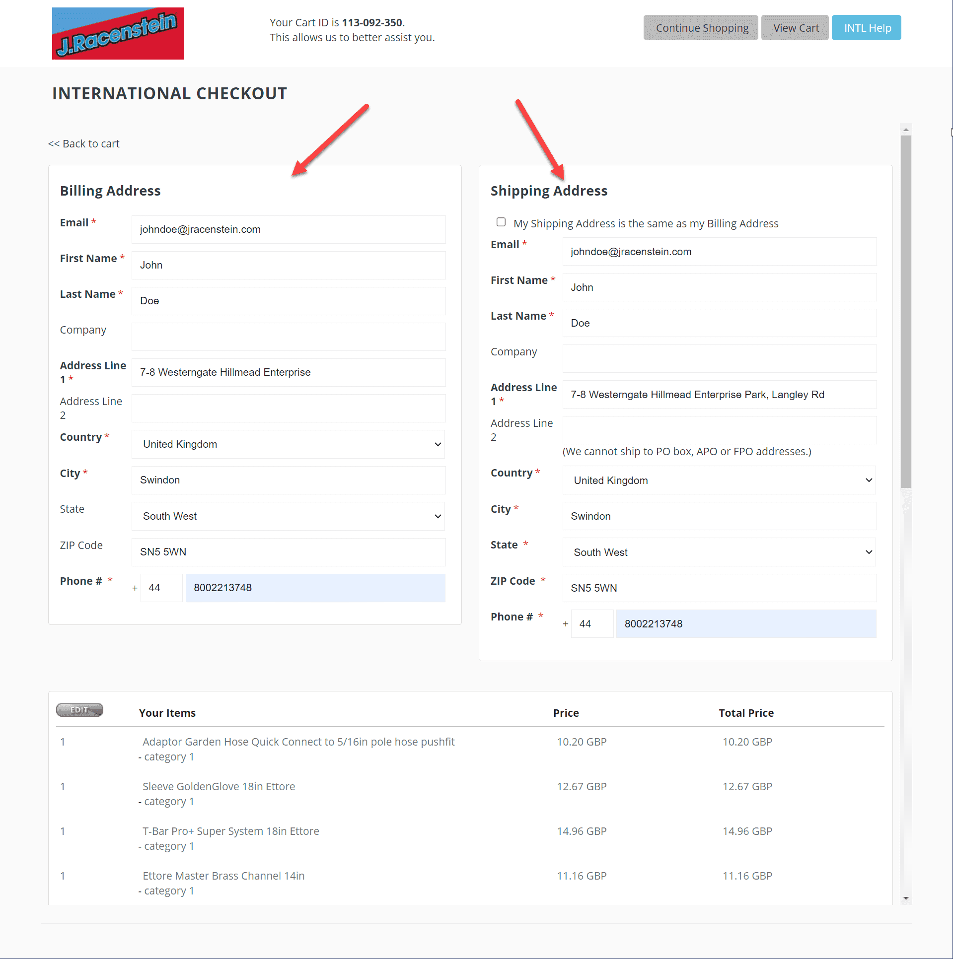 J.Racenstein checkout — billing and shipping address entry