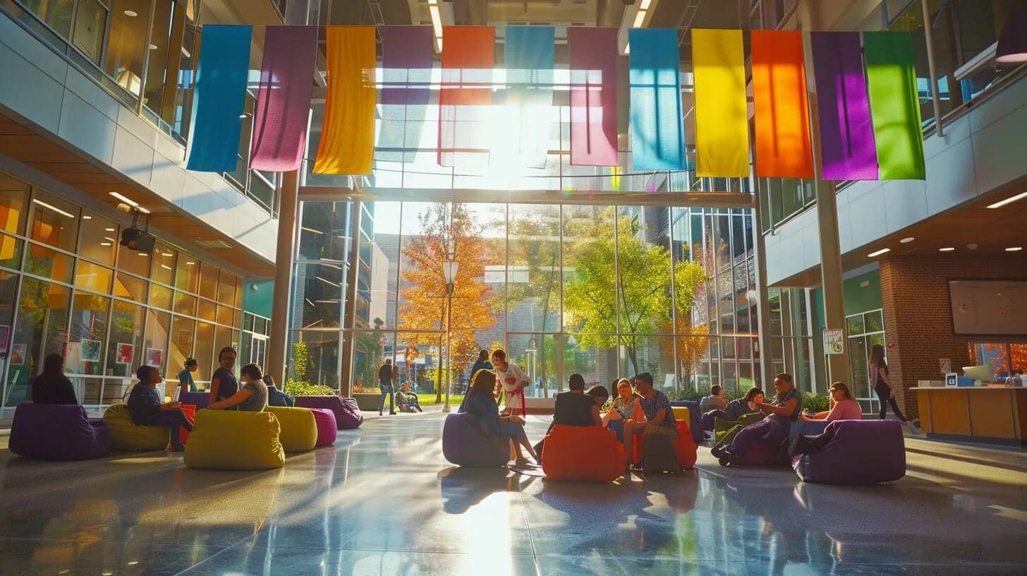 a vibrant campus scene featuring diverse students engaged in interactive mental wellness workshops, surrounded by colorful banners promoting mental health awareness and technology resources.