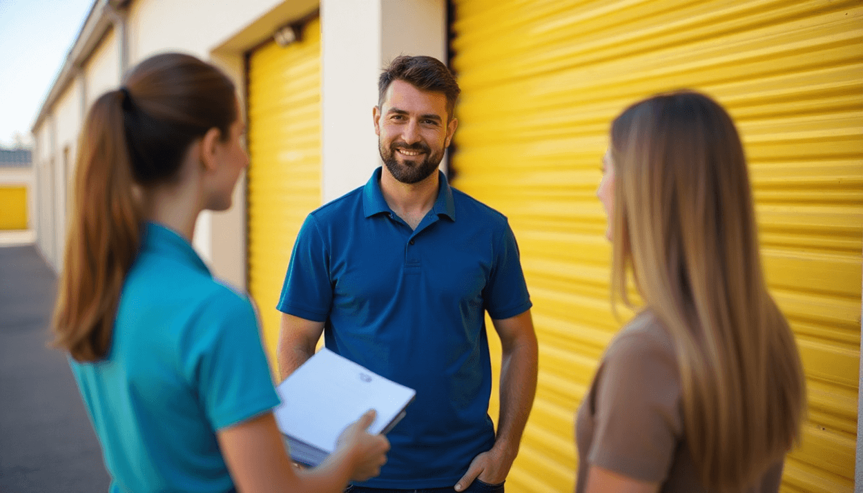 Man in a blue polo at a self storage facility is inquiring with two women about questions to ask before renting a self storage unit.
