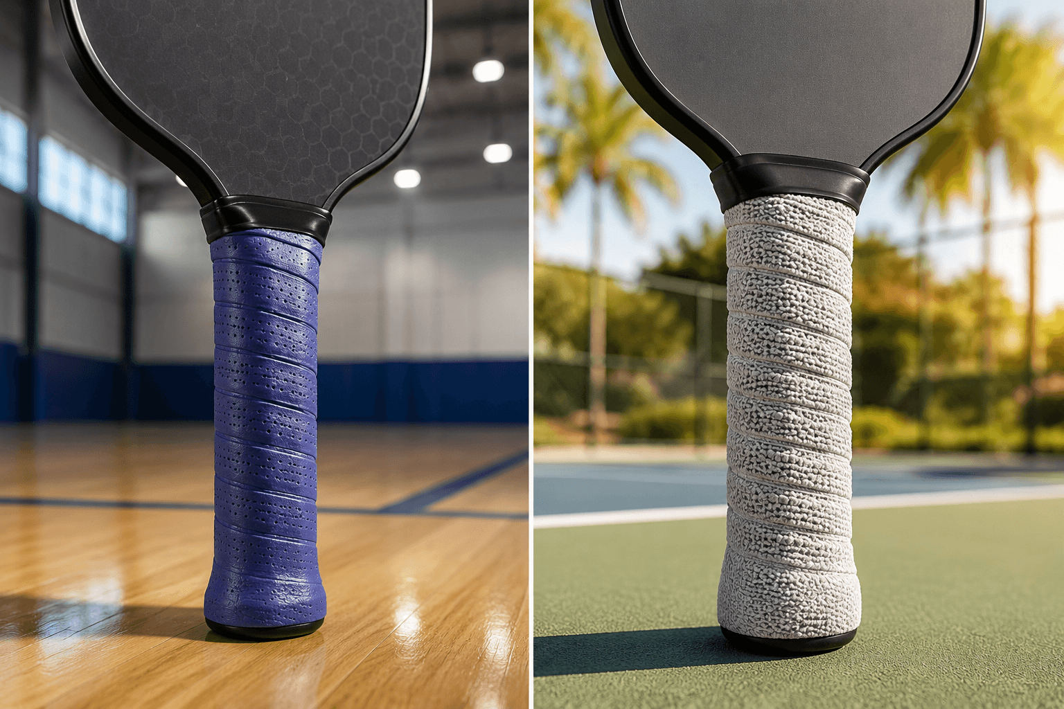 Indoor vs outdoor pickleball grip solutions — tacky for indoor, dry absorbent for outdoor