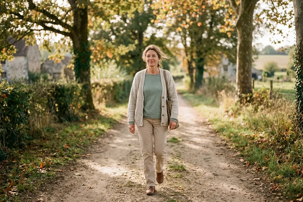 Femme d'une cinquantaine d'années en promenade sur un chemin arboré en fin de journée