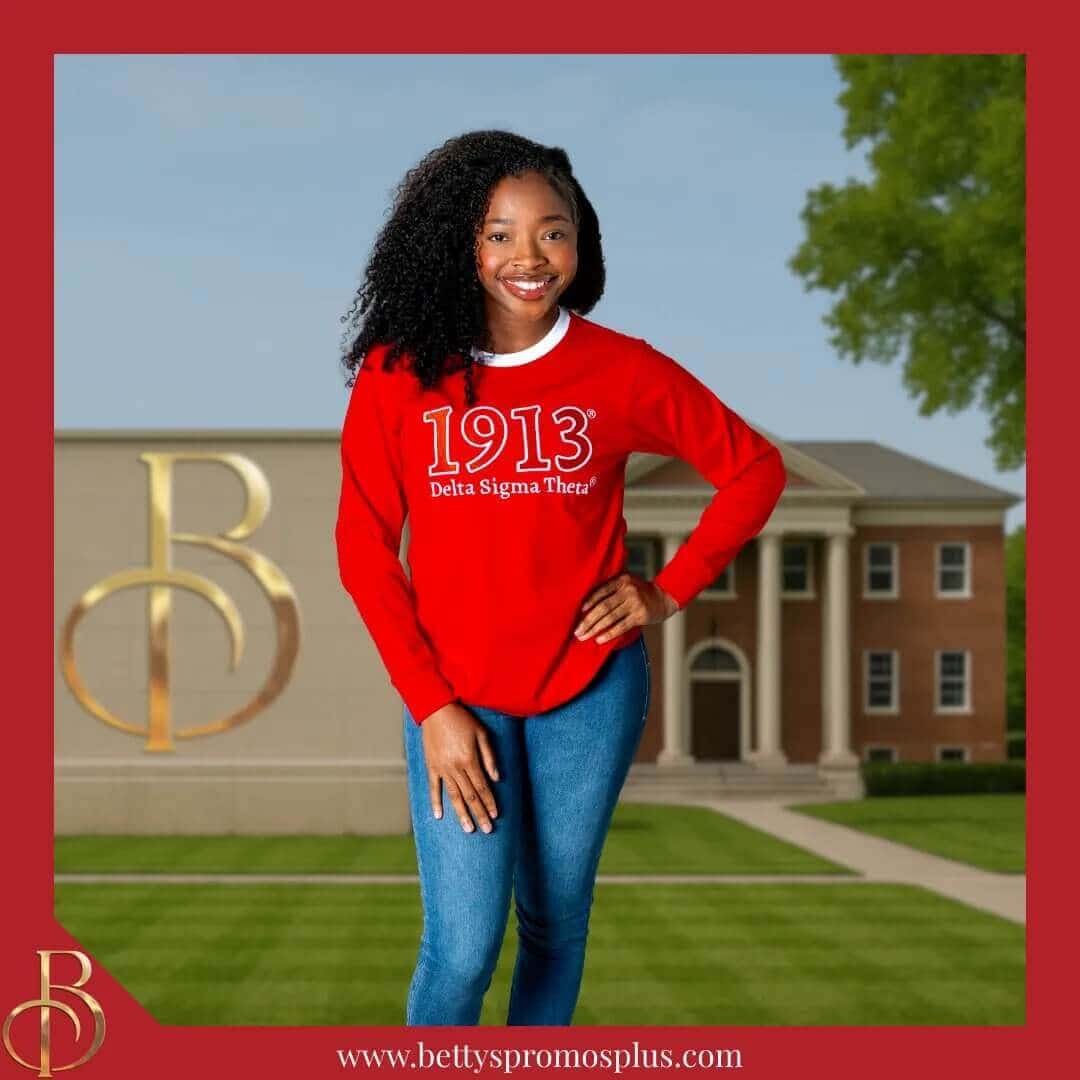 Crimson red Delta Sigma Theta long sleeve t-shirt with white ringer collar and embroidered 1913 appliqué