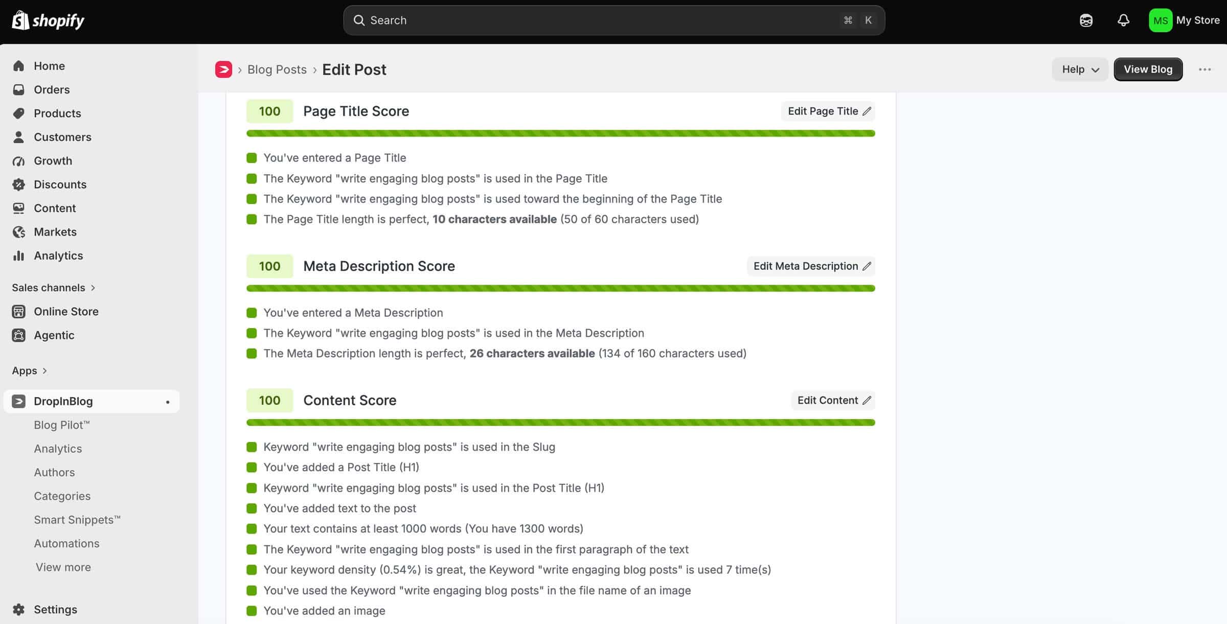 DropInBlog's SEO Analyzer: Content score breakdown