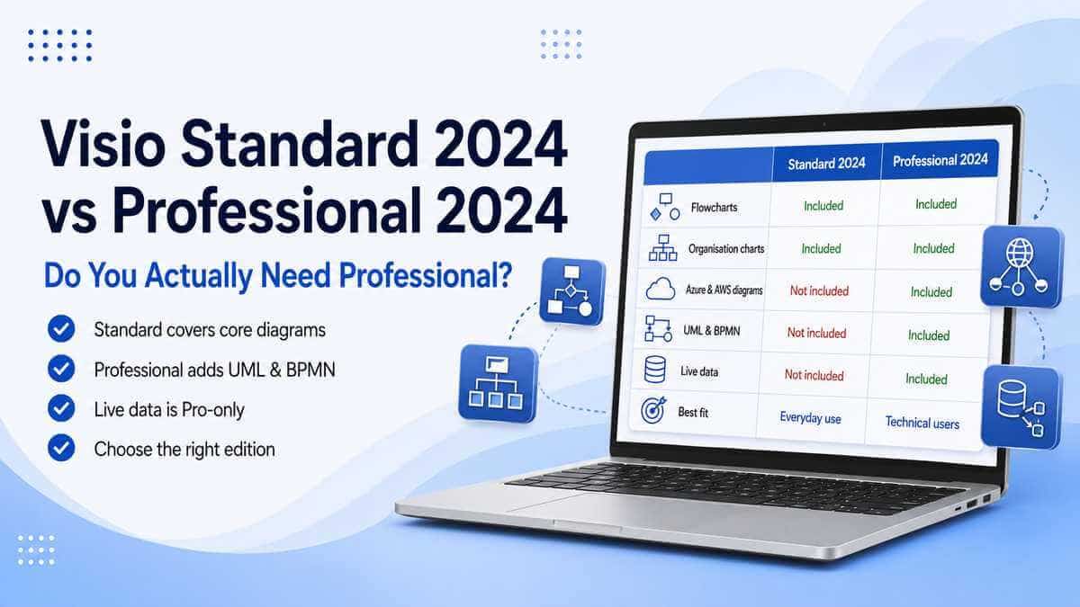 Microsoft Visio Standard 2024 vs Professional 2024 comparison showing key features and edition differences