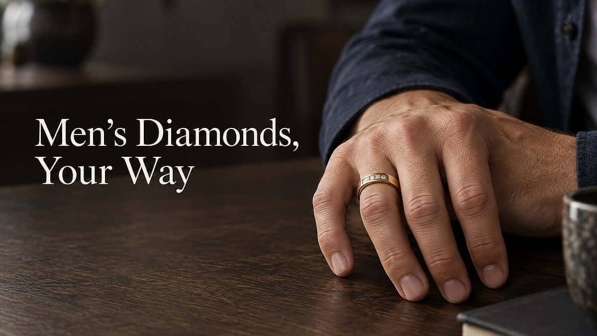 A man’s hand wearing a diamond-set gold band beside a navy cuff, with the headline “Men’s Diamonds, Your Way”.
