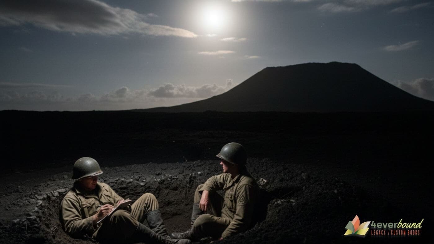 US Marines writing letters by moonlight during dangerous nighttime hours at Iwo Jima