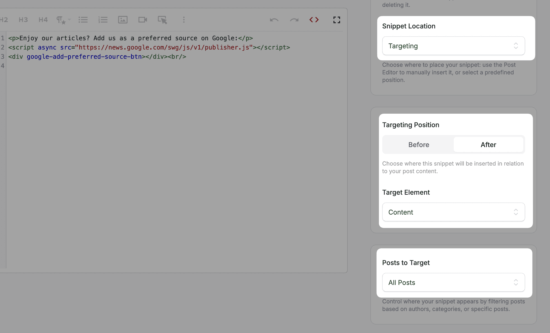 DropInBlog Smart Snippet settings with Snippet Location set to Targeting, Targeting Position set to After, Target Element set to Content, and Posts to Target set to All Posts