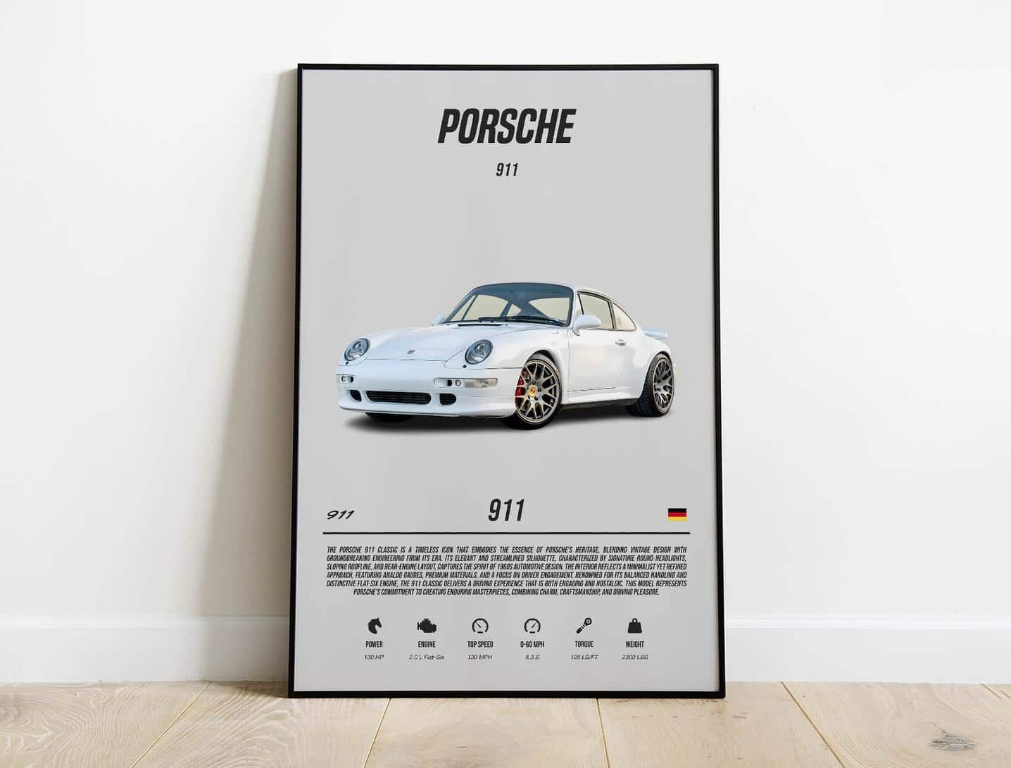 First gallery image of the white Porsche 911 car poster with specifications on a neutral background