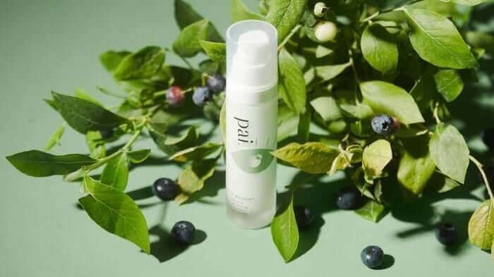 Pai Skincare C-2 Believe Vitamin C moisturiser bottle surrounded by fresh green leaves and blueberries on mint background
