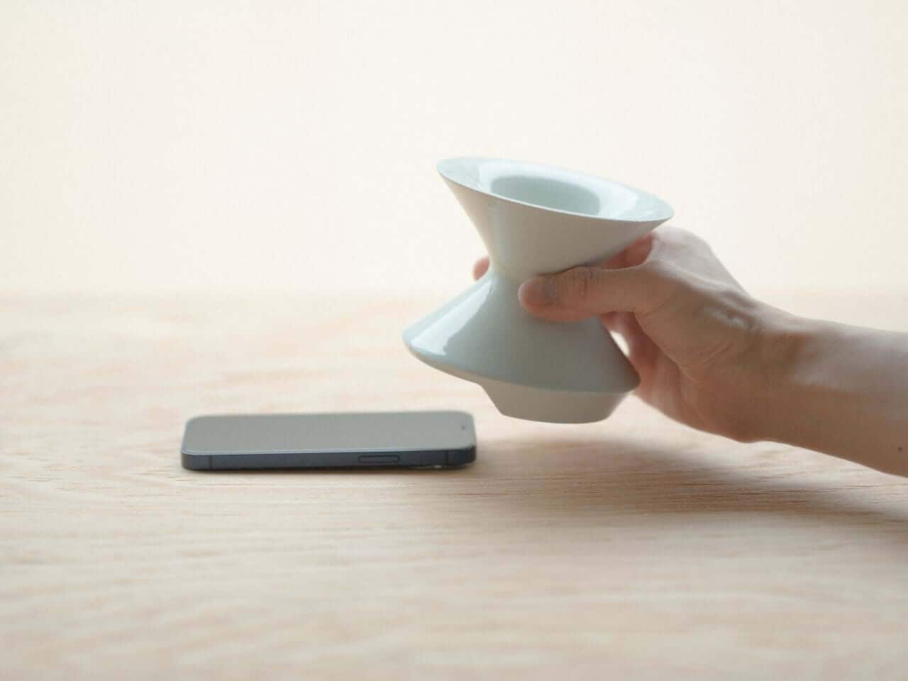 Inside view of the ceramic vase speaker showing its chamber design