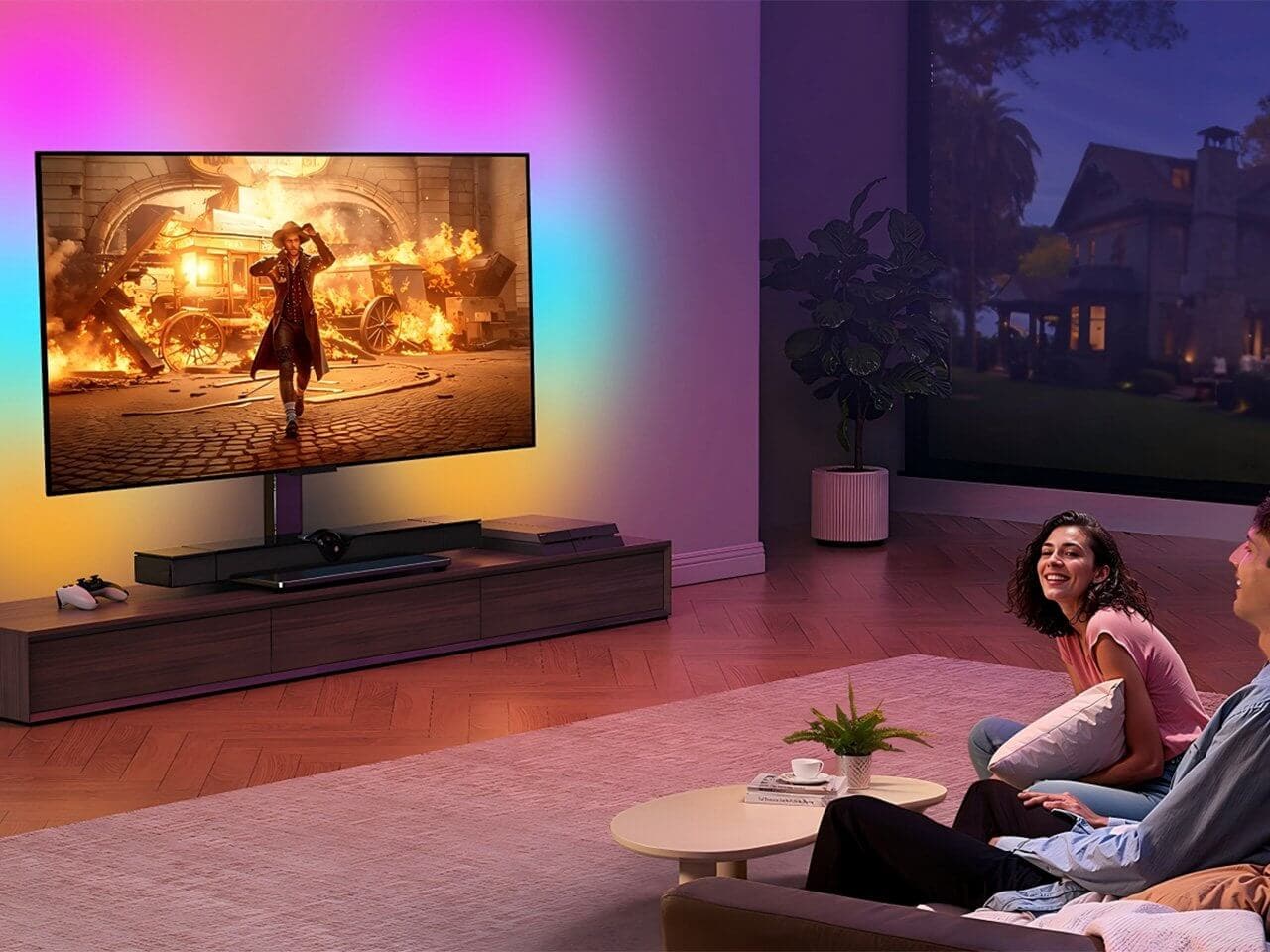 AuraFrame universal swivel TV stand with tempered glass base and RGB lighting