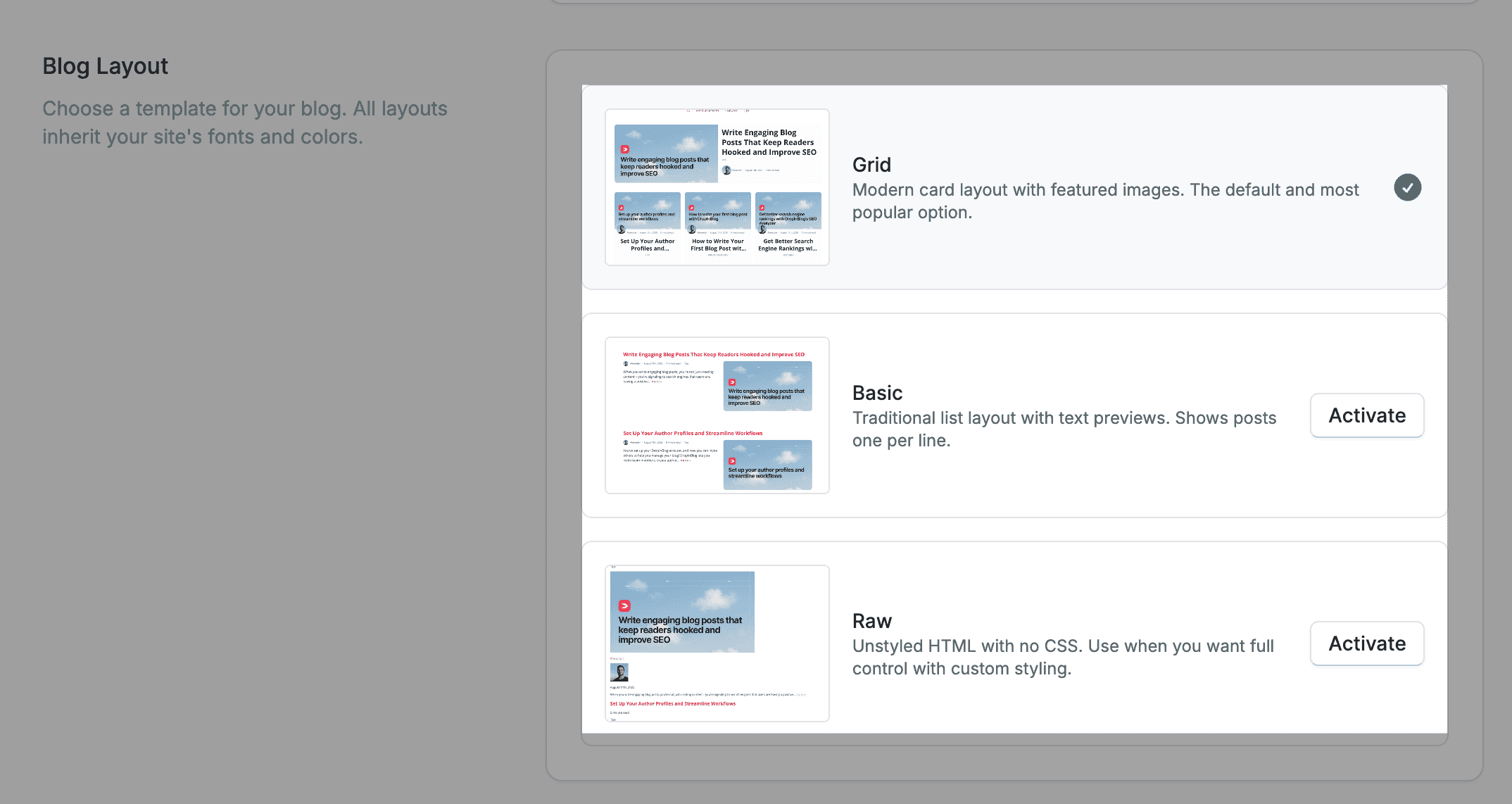 Changing blog layout in DropInBlog
