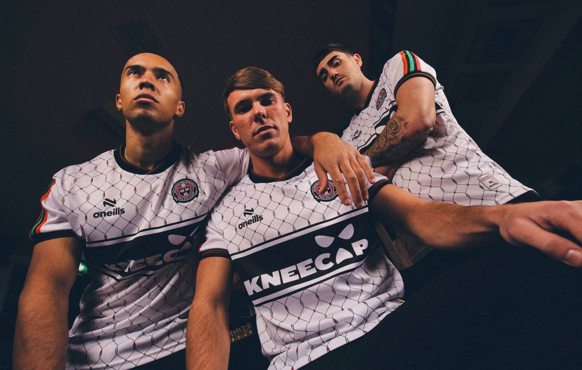 The striking 2026 Bohemian FC away jersey designed with Kneecap, featuring intertwined Irish and Palestinian flags.