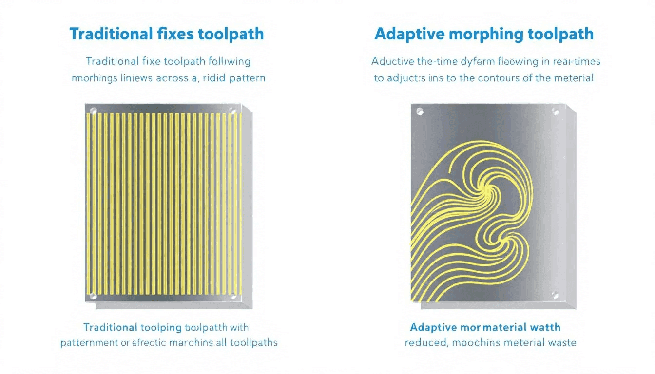 The image compares traditional fixed toolpaths with adaptive morphing toolpaths in machining processes, illustrating how adaptive machining techniques can optimize performance by adjusting to changing conditions and part geometry. The visual highlights differences in tool movement and alignment, emphasizing the benefits of real-time feedback for enhancing tool life and accuracy in CNC machines.