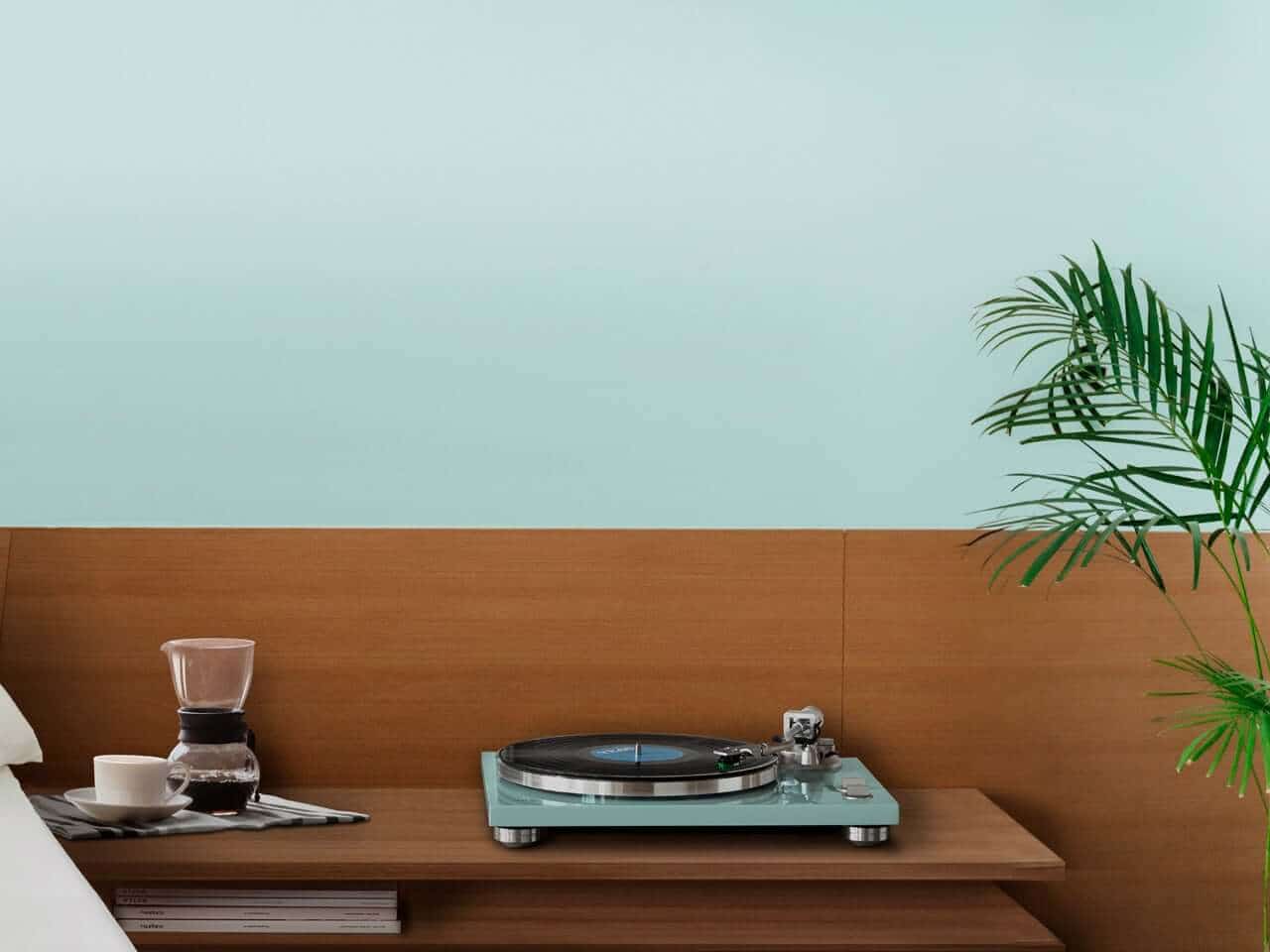 Close-up of turquoise turntable hardware
