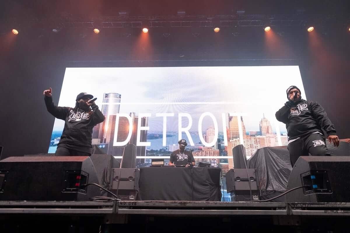 Kuniva and Swifty McVay of D12 perform on stage at The OVO Hydro on December 05, 2023, in Glasgow, Scotland.