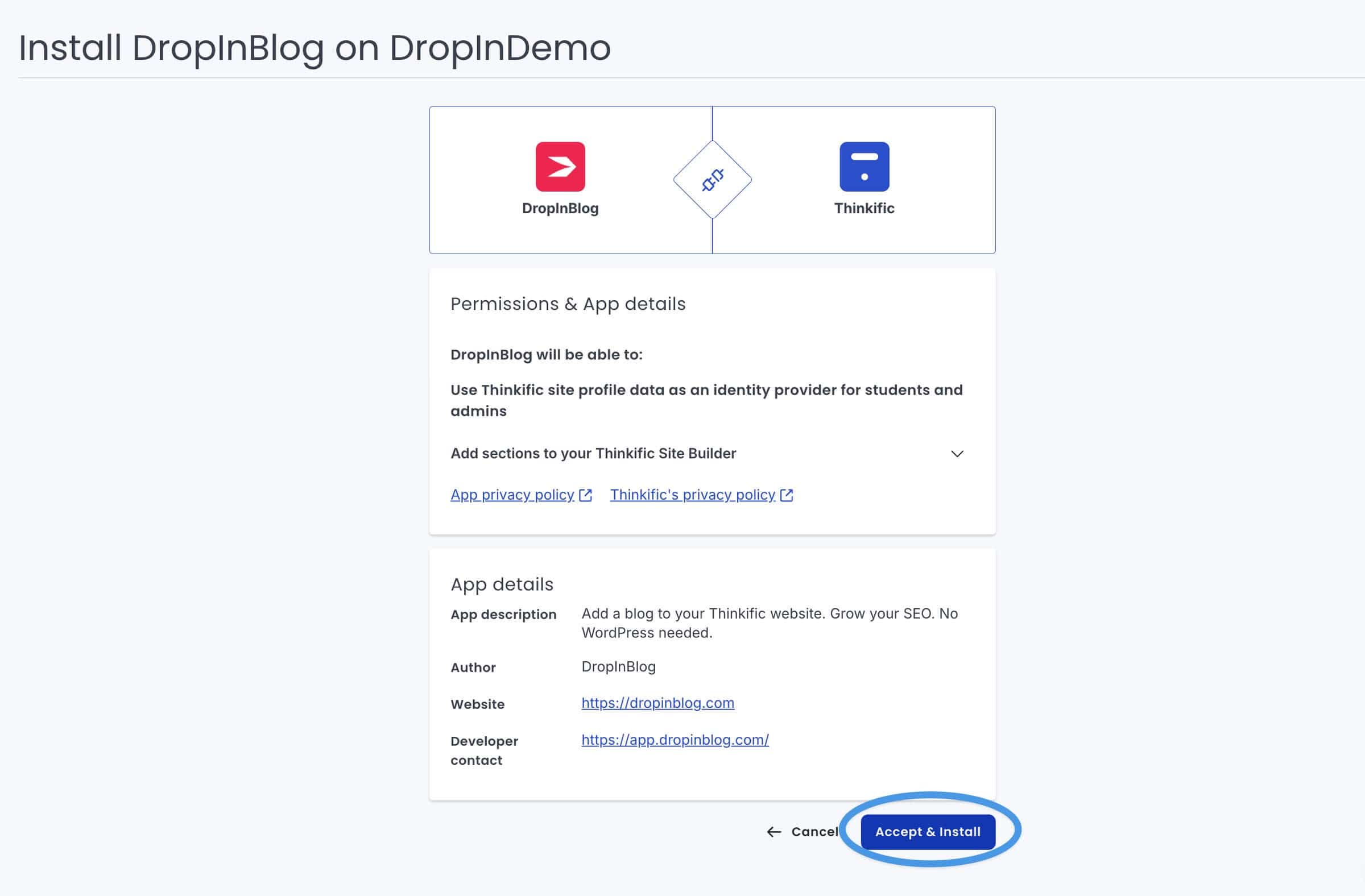 Thinkific blog install step