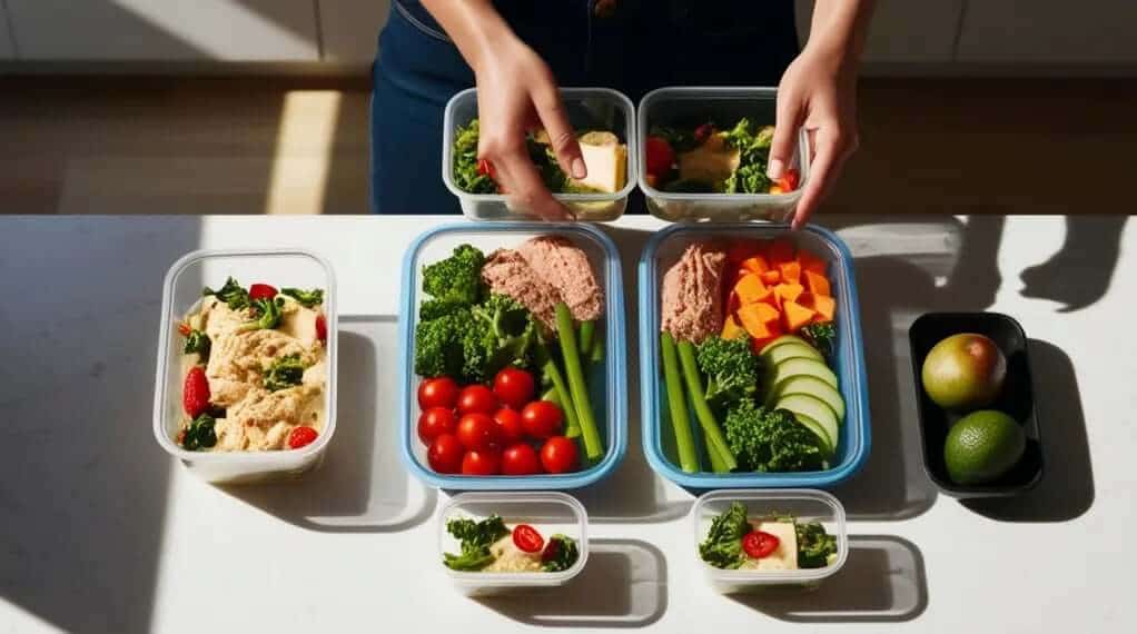 Meal prep lunch boxes featuring pasta with grilled chicken, salads, sandwiches, fresh fruit, steamed vegetables, and a bottle of orange juice from a healthy meal delivery service.