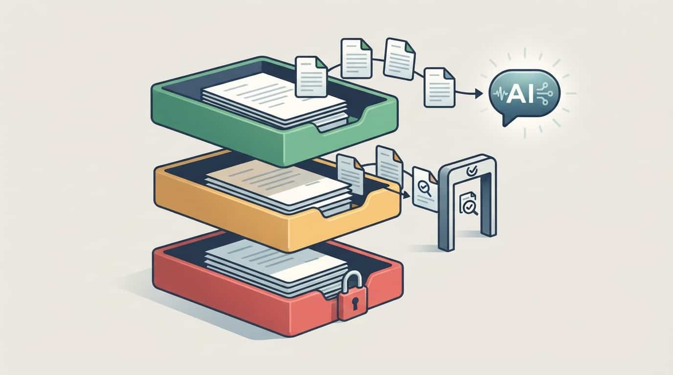 Illustration of green, yellow, and red document trays showing which data can be used with AI tools, which needs approval, and which is locked