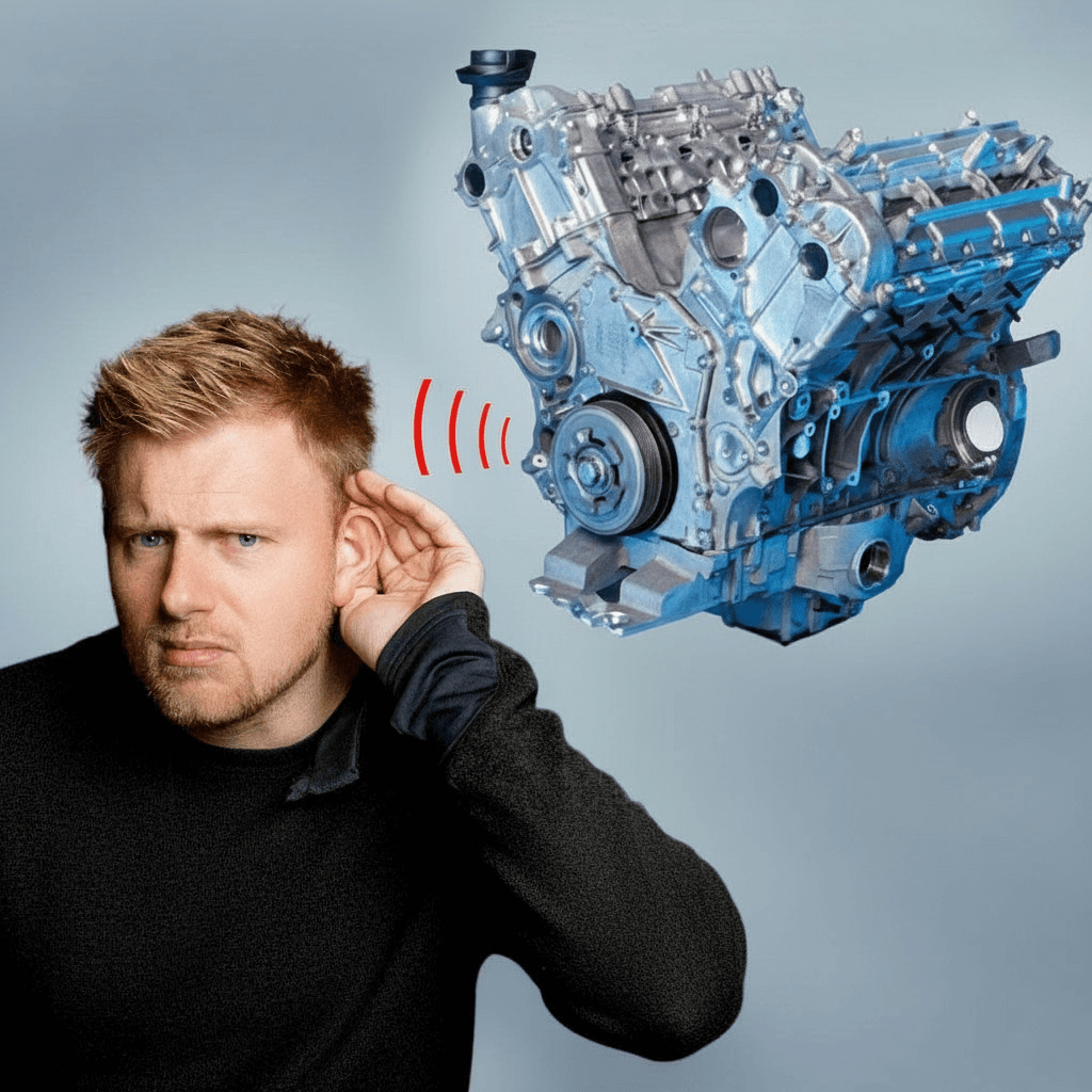 Der Motor Mercedes OM642 rechts, ein hörenden Mensch links, dazwischen das Symbol für ein Geräusch