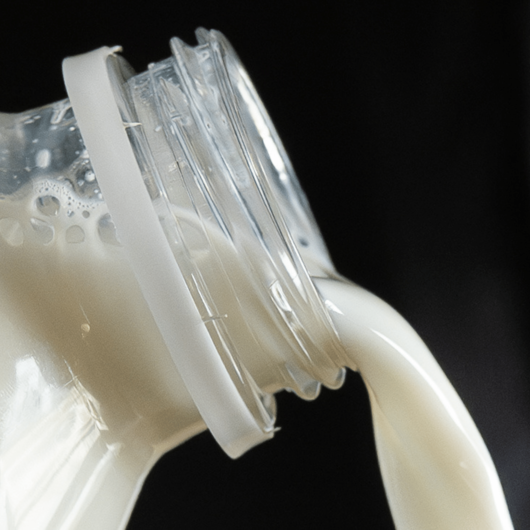 Camel milk pouring from a bottle, showing its bright white color and light, smooth body