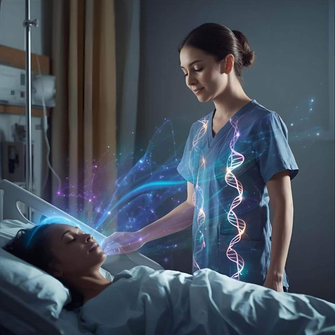 Nurse beside a resting patient surrounded by luminous DNA strands and flowing Reconnective Healing® frequencies, symbolizing the human upgrade through coherence and awareness.
