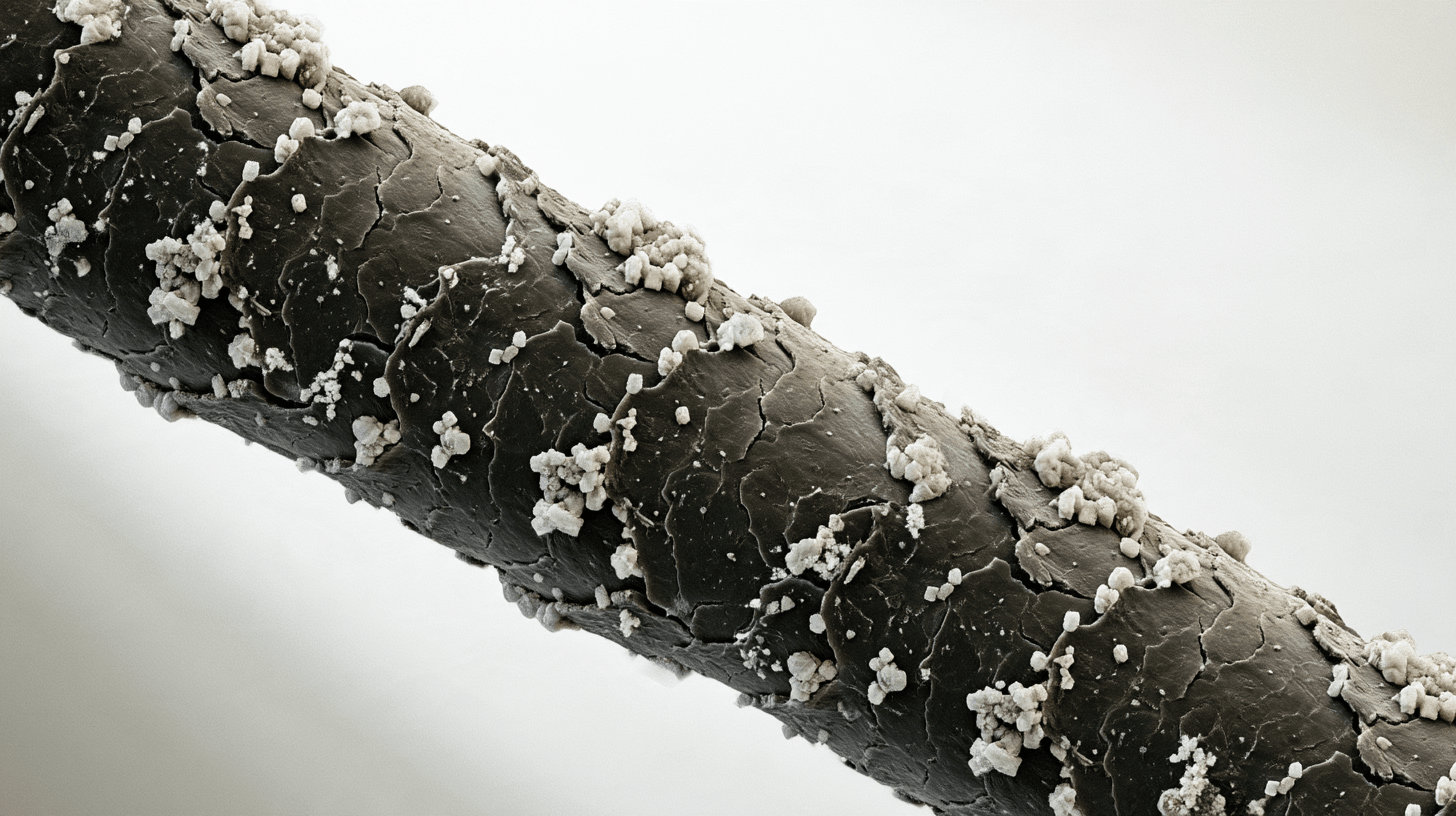 A close up image of a hair follicle, where you can see build-up of minerals from hard water coating the hair and damaging the cuticle alignment.