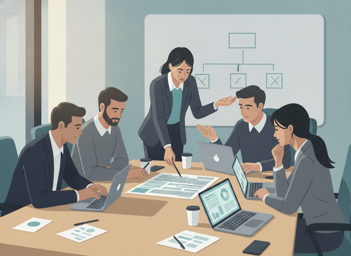 A small business team gathered around a table for a tabletop disaster recovery exercise