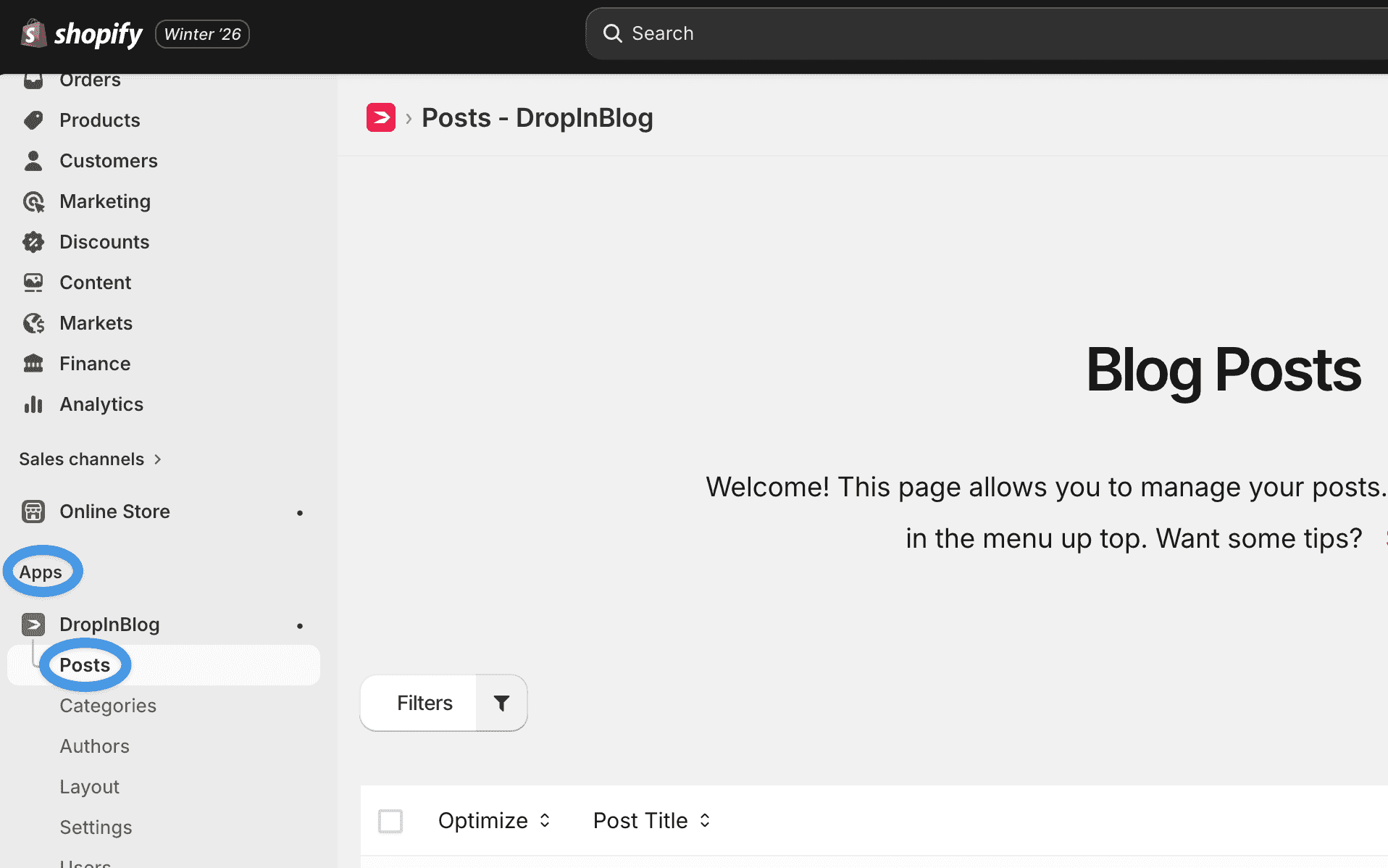 Open Posts tab in the DropInBlog Shopify app