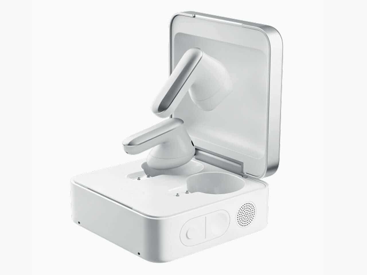 Plaud One charging case and earbuds shown together