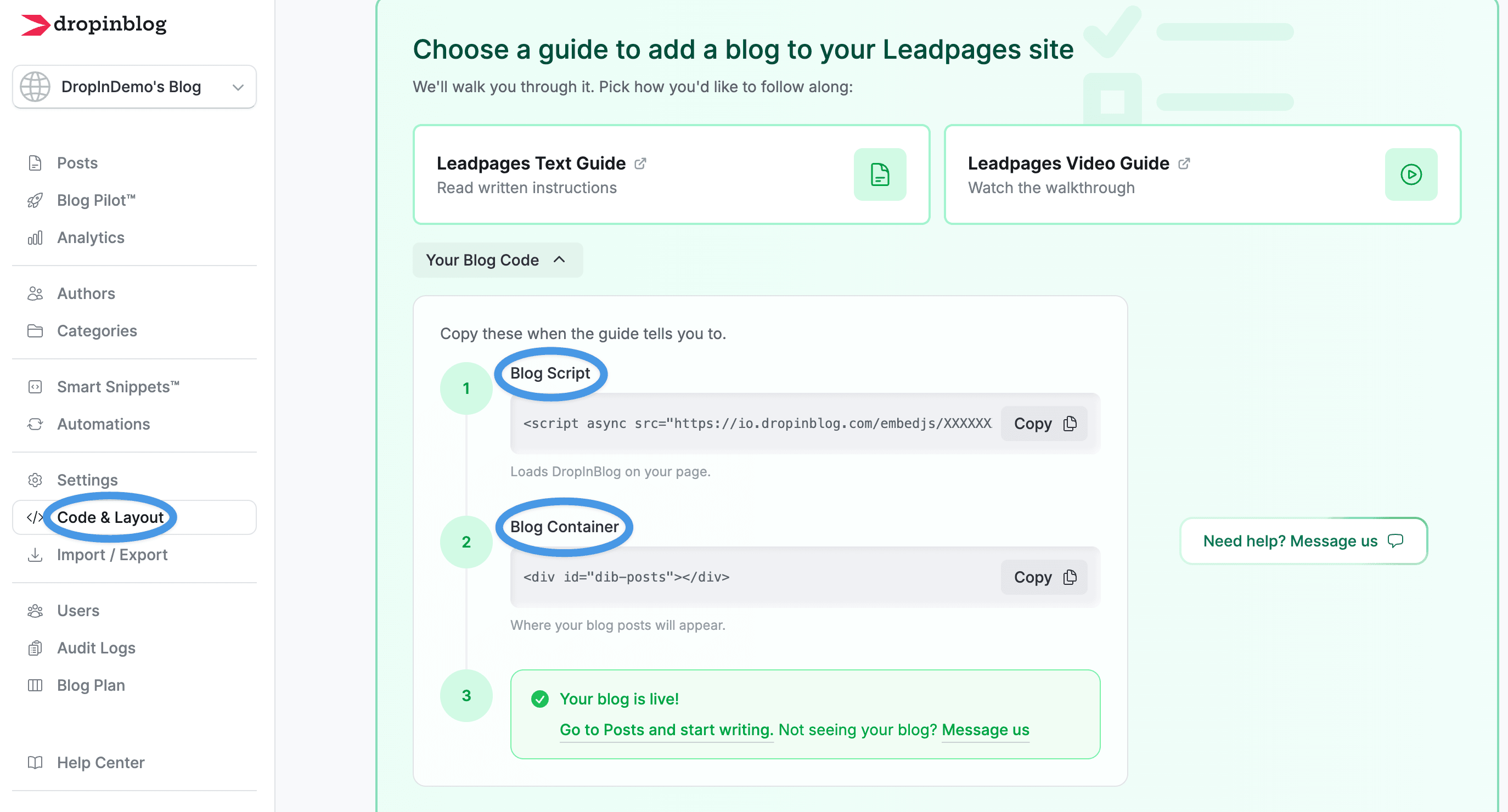 Leadpages blog install step