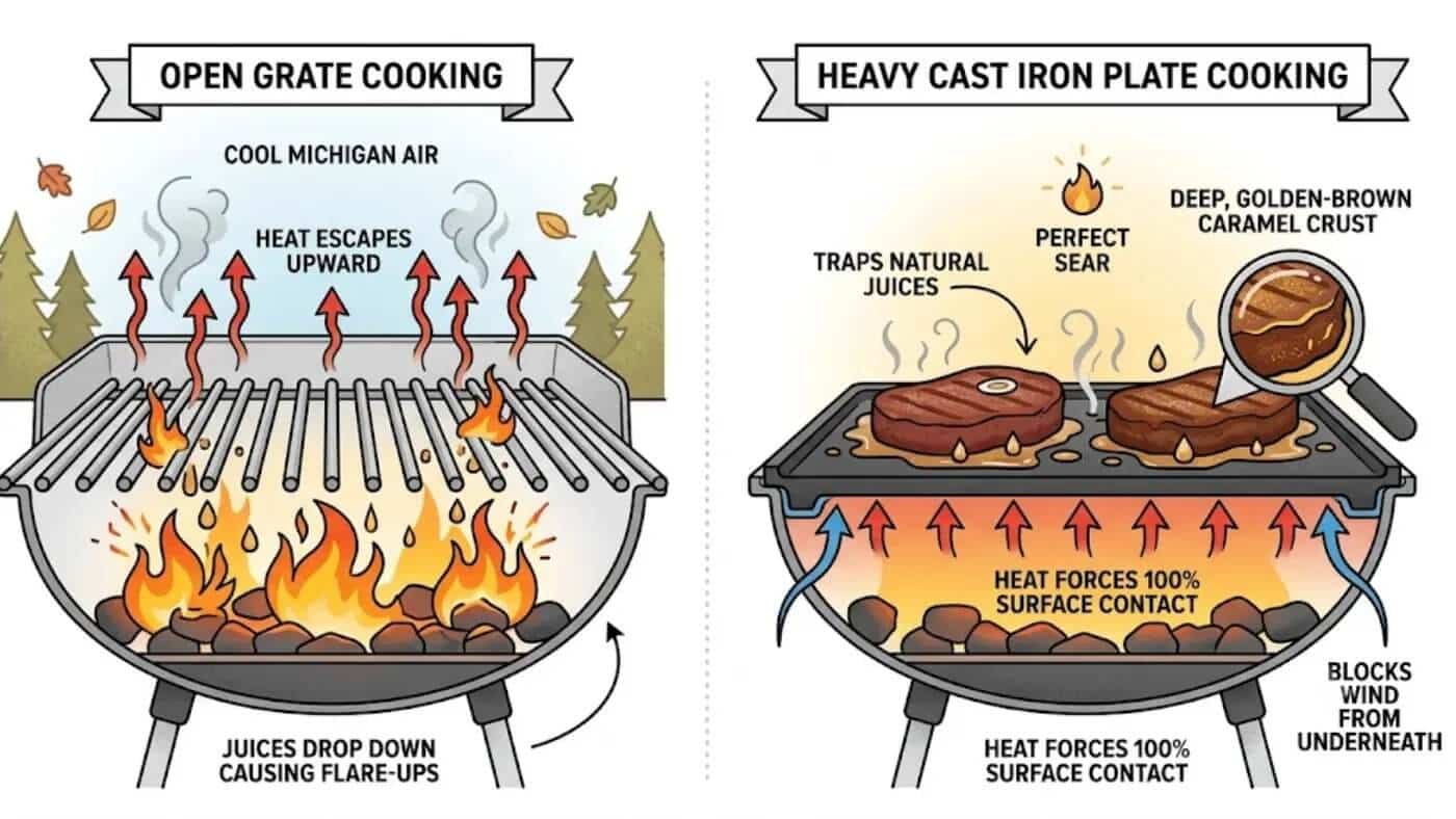 A side-by-side technical infographic comparing open grate cooking to heavy cast iron plate cooking. The left side illustrates an open grate grill labeled "Open Grate Cooking," showing red arrows for heat escaping upward into the "Cool Michigan Air," with flames beneath the grate and text pointing to juices dropping down and causing flare-ups. The right side illustrates a flat-top griddle labeled "Heavy Cast Iron Plate Cooking," showing steaks searing on a solid plate with callouts for trapping natural juices, a perfect sear, and a deep golden-brown caramel crust. Red arrows indicate heat forcing 100% surface contact, while blue arrows demonstrate the plate blocking wind from underneath.