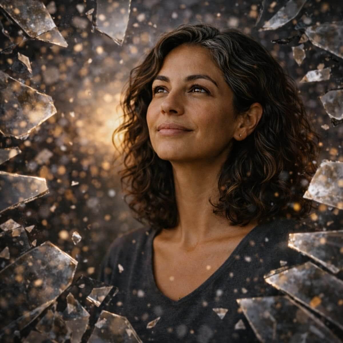 Photorealistic portrait illustrating trying to heal, a woman with olive skin and subtle gray hair looking calmly ahead as a mirror shatters around her, revealing a more coherent space beyond the fragments