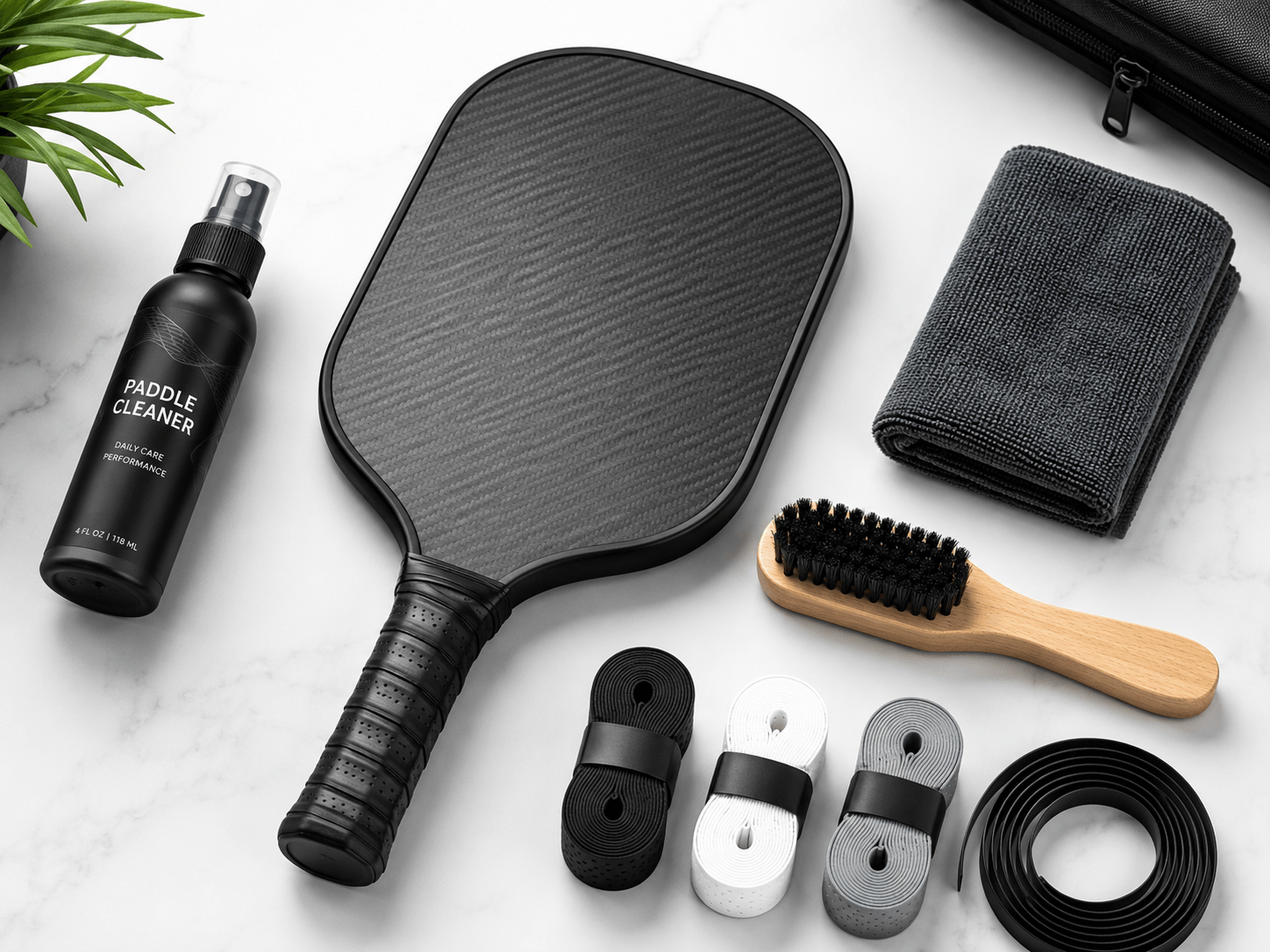 How to clean pickleball paddle — supplies including microfiber cloth, brush, and paddle cleaner