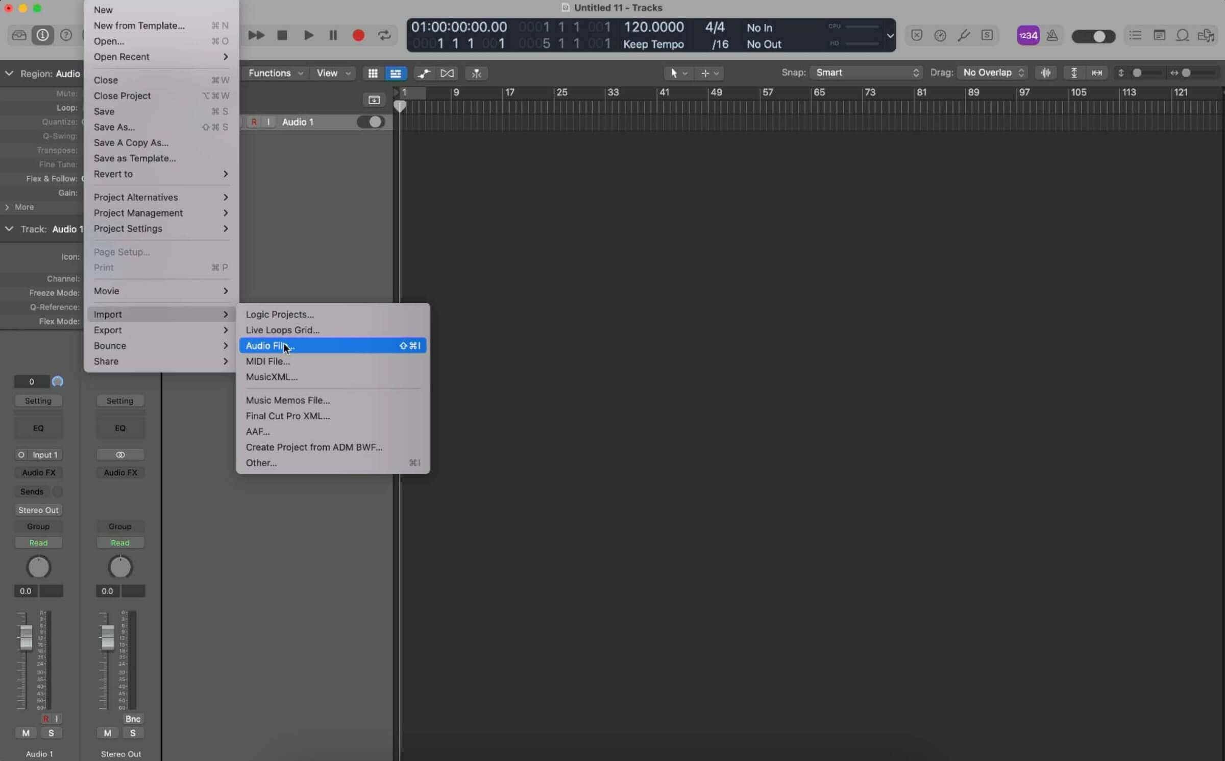 Import audio files from the File menu into Logic Pro X