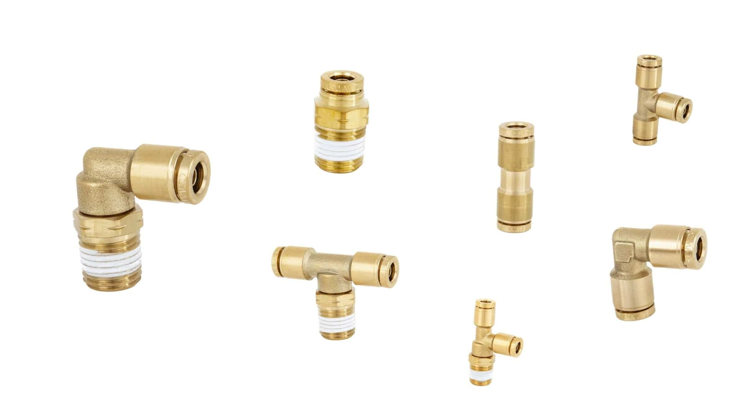 Collage of brass DOT metal push-to-connect PT-series fittings in various configurations — straight connectors, elbows, tees, unions, and bulkhead unions