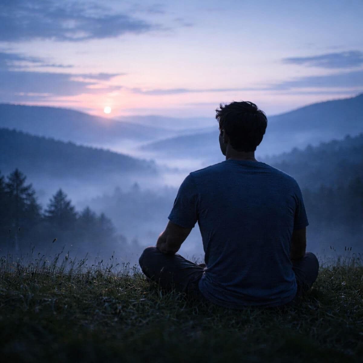 Silhouette of a man seated alone, facing a blue-toned dawn landscape, evoking awareness-based healing through quiet presence and observation.