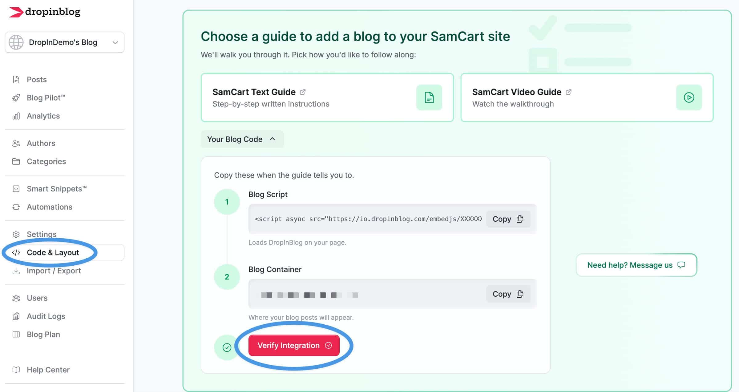 SamCart blog install step