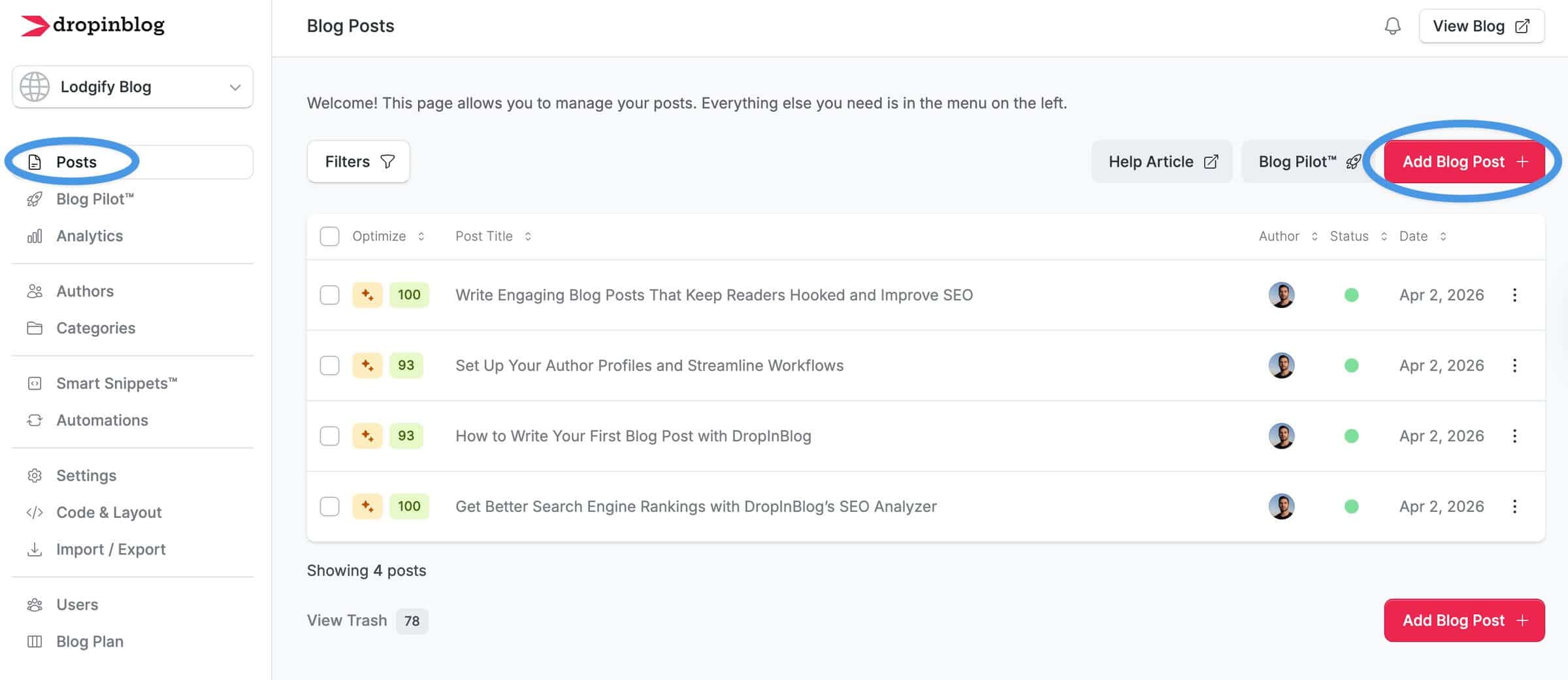 Creating a new blog post in DropInBlog