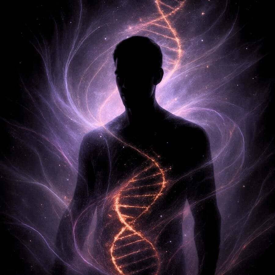 Silhouette of a person surrounded by glowing purple healing frequencies with a luminous DNA strand flowing through the body, symbolizing energy, light, and transformation.
