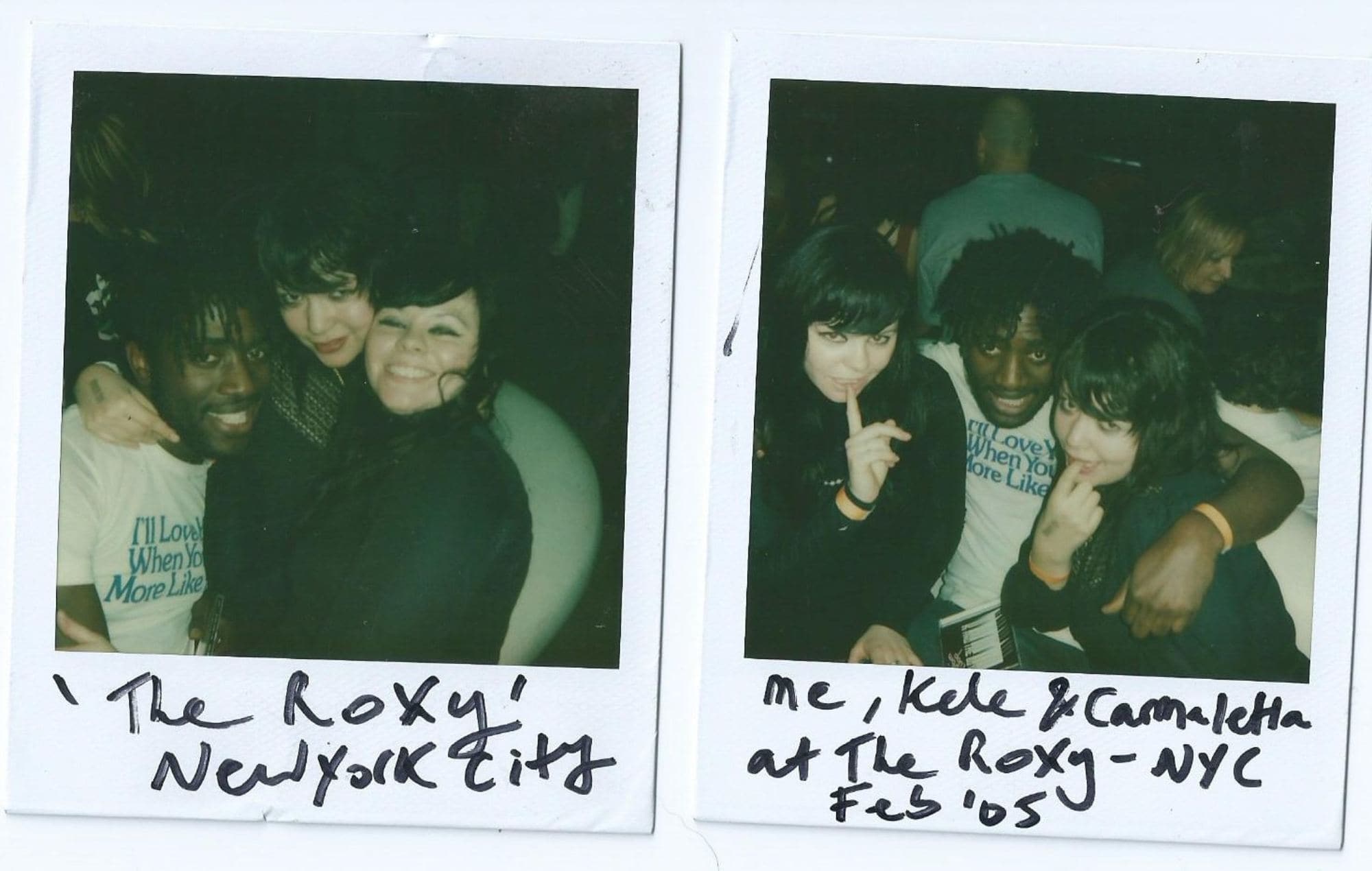 Janine Warren with Bloc Party's Kele Okereke and Carmaletta at The Roxy, New York, 2005. Credit: Janine Warren