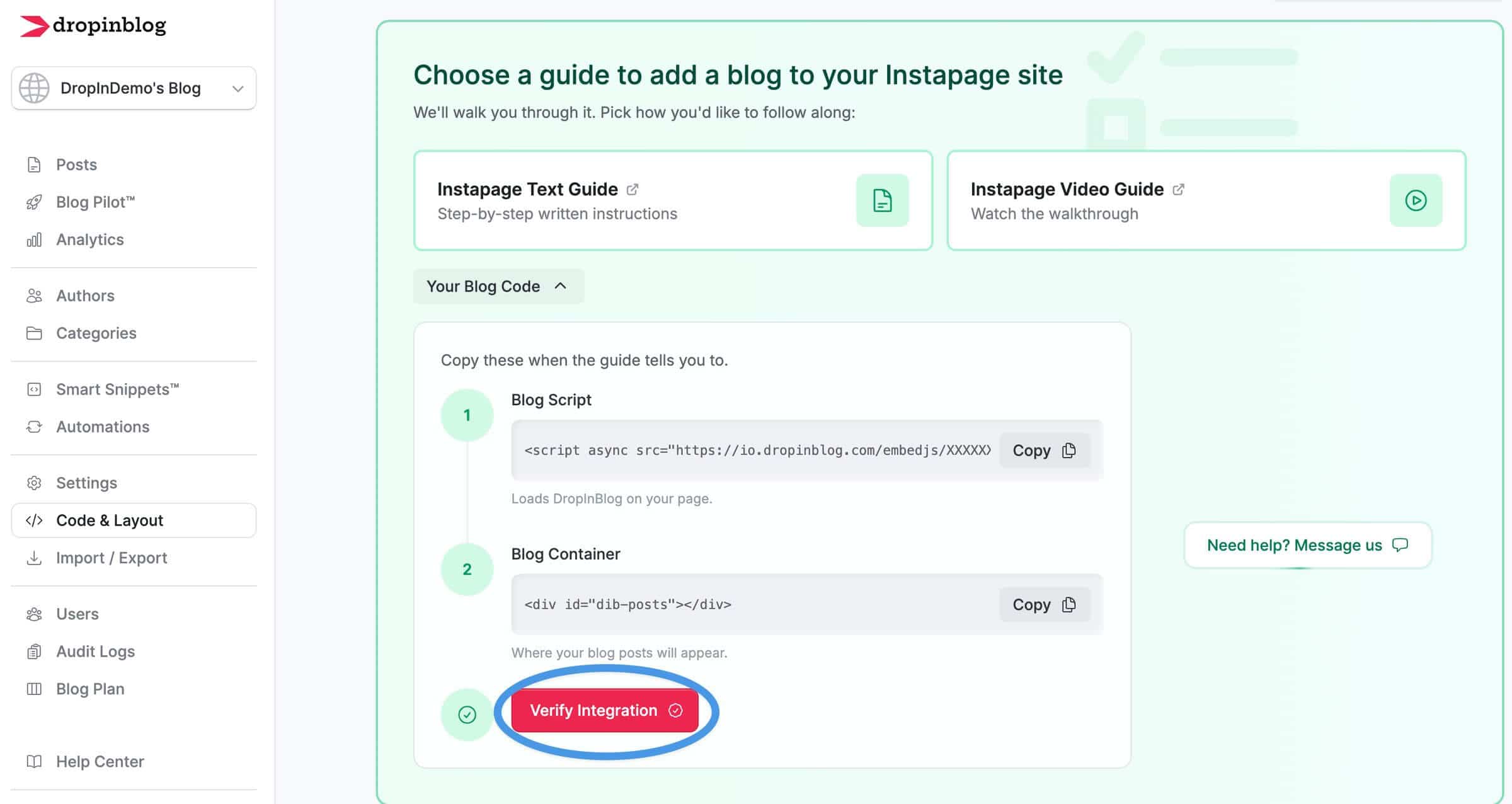 Instapage blog install step