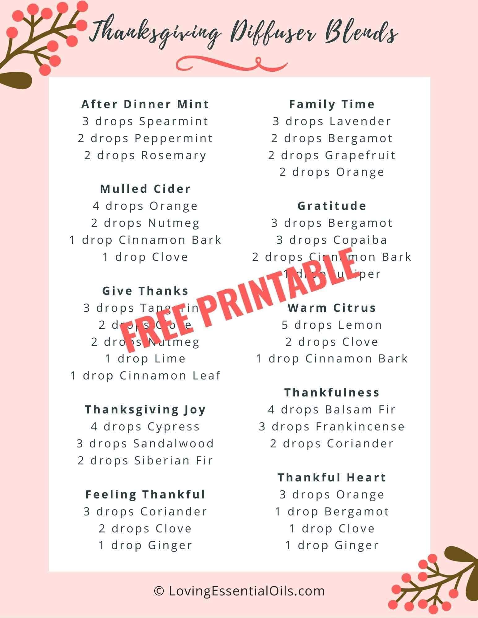 Free printable Thanksgiving diffuser blends recipe sheet by Loving Essential Oils