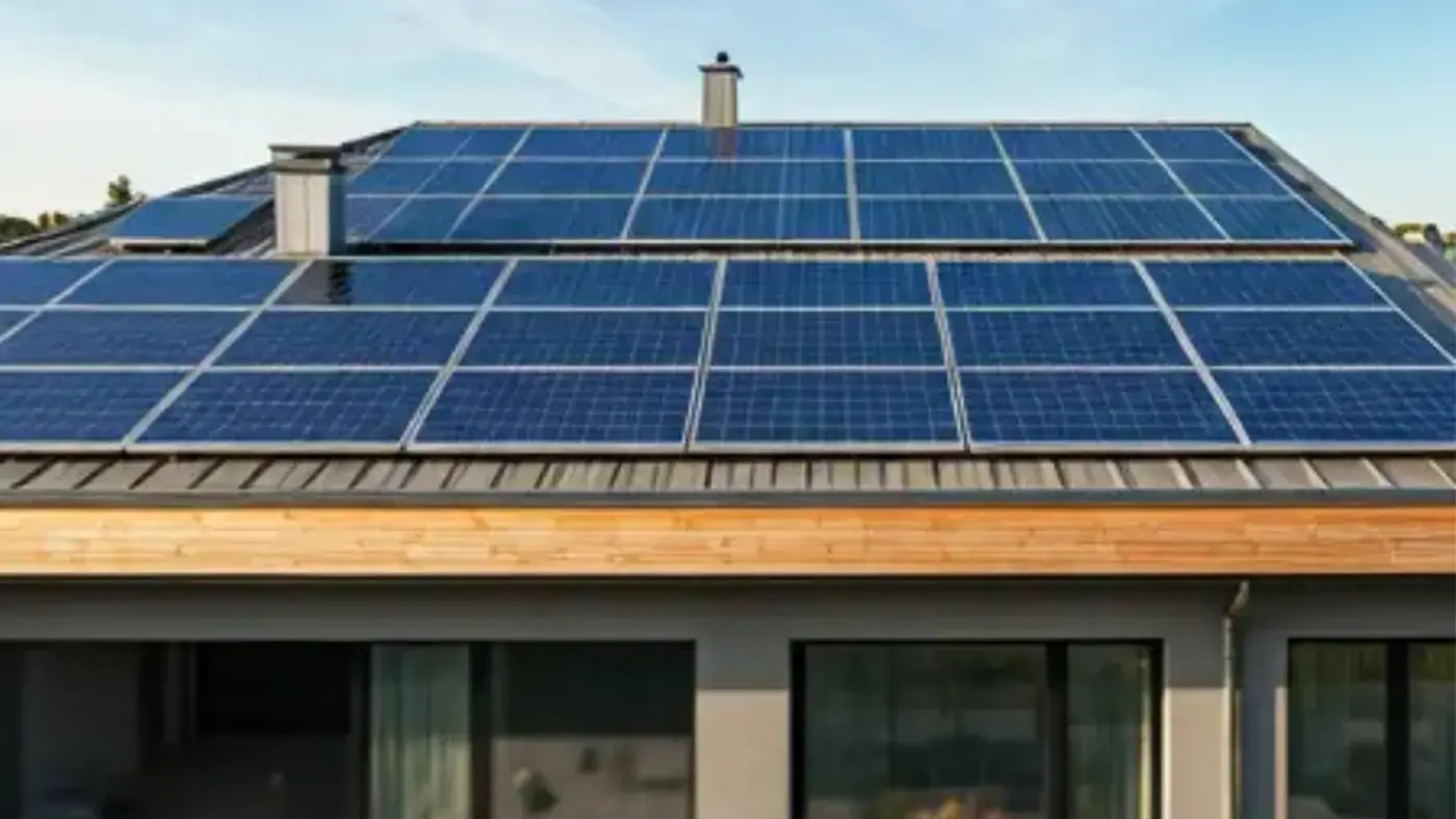 A modern house with a flat roof, entirely covered in photovoltaic solar panels.