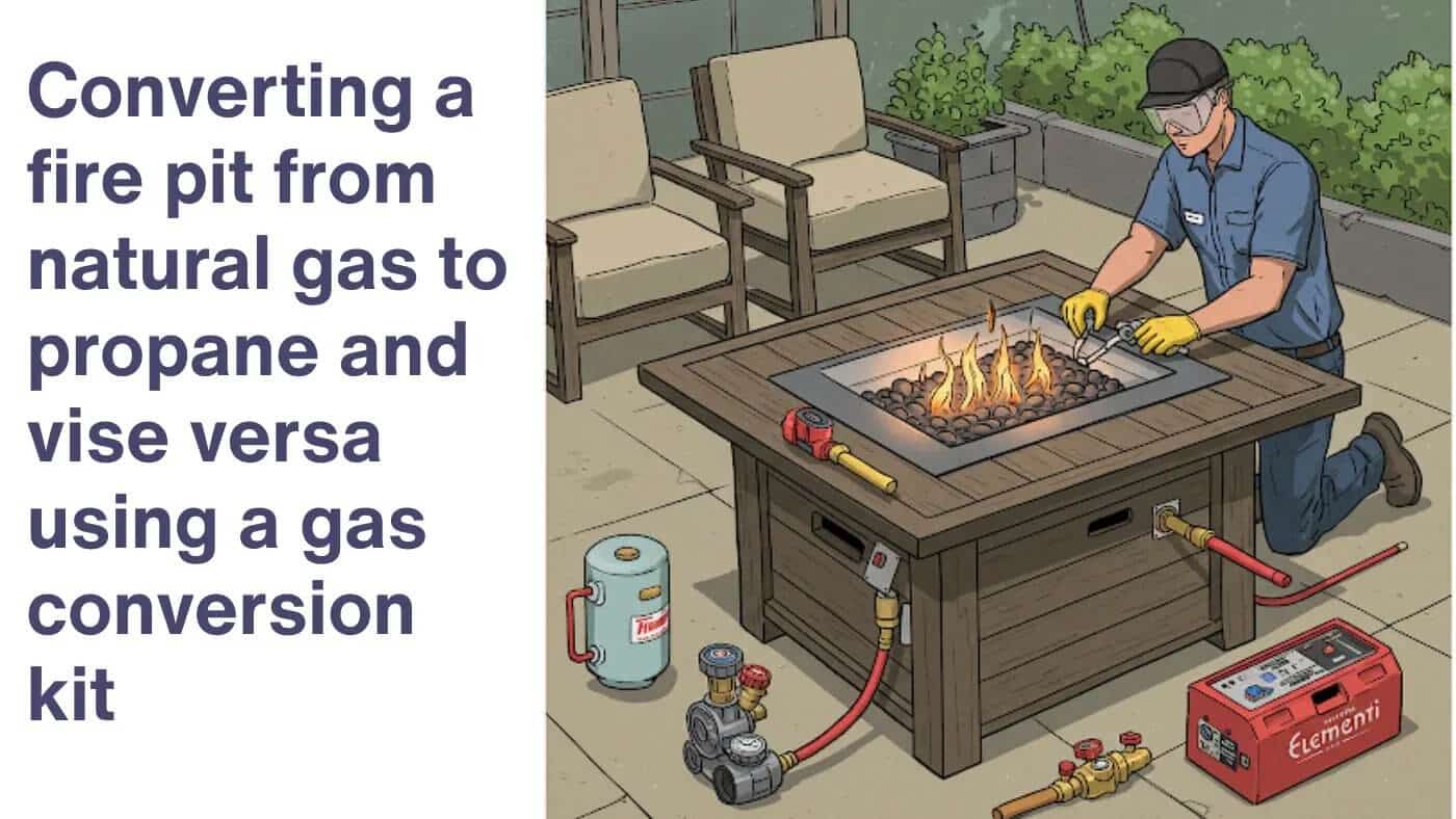 Illustration depicting the conversion of a fire pit between natural gas and propane using a conversion kit. A technician is shown working on the fire pit, with both propane tank and natural gas line components visible.