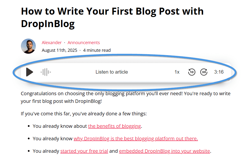 Blog Voice AI™ text-to-speech feature