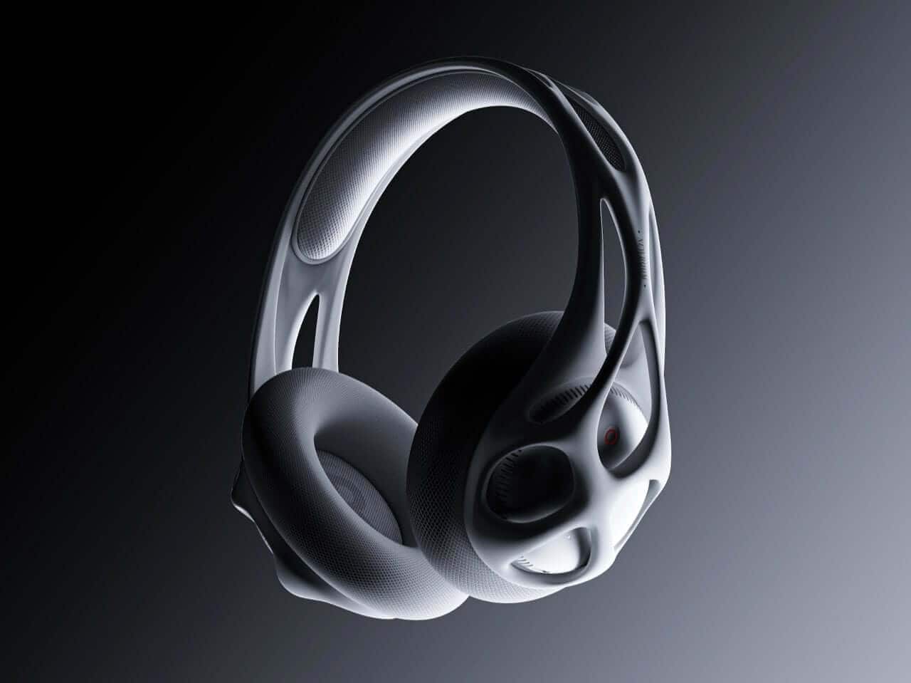 The headset in white and gray, emphasizing its bone-like aesthetics