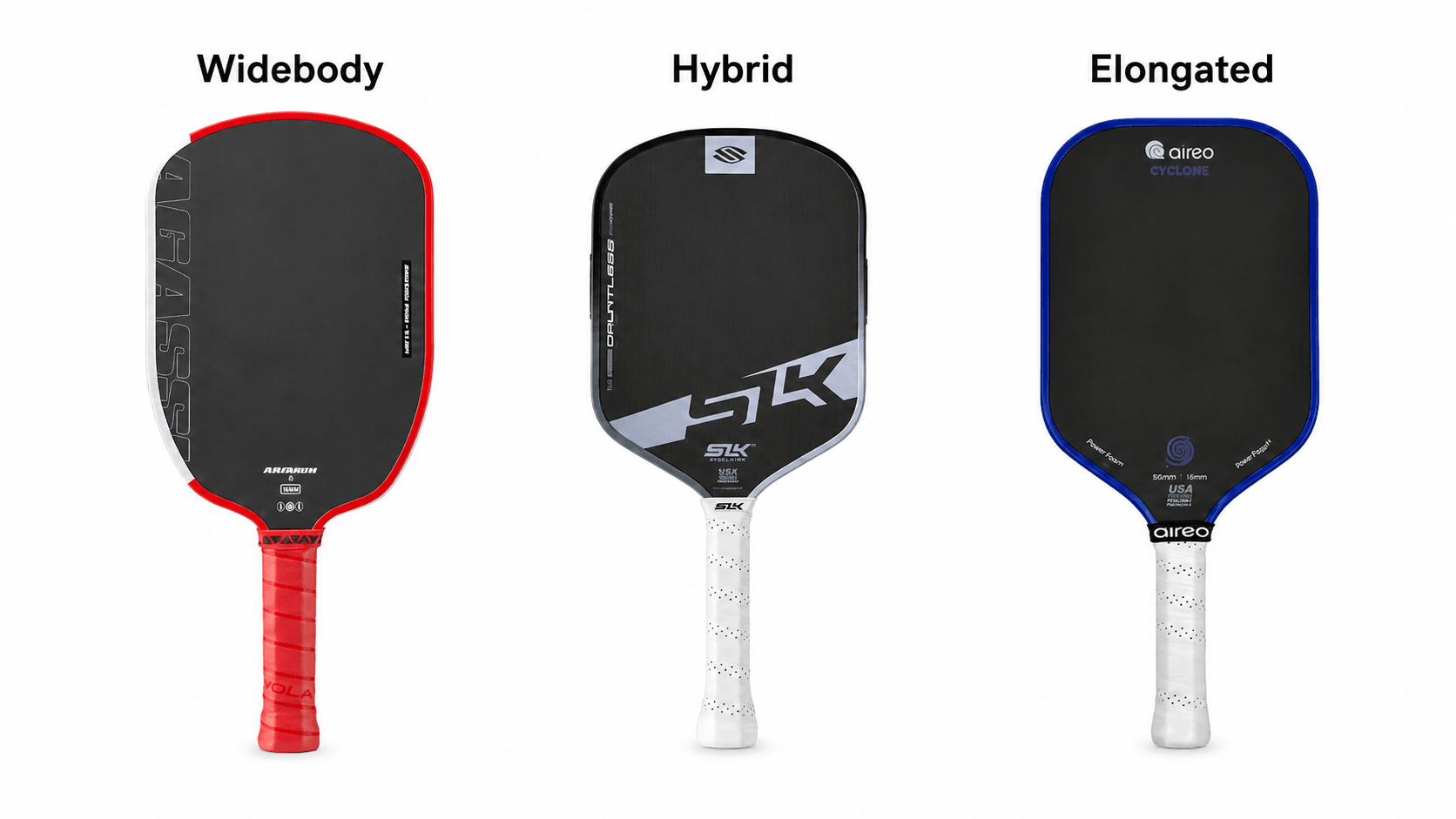 elongated vs hybrid vs standard pickleball paddles shape outline comparison