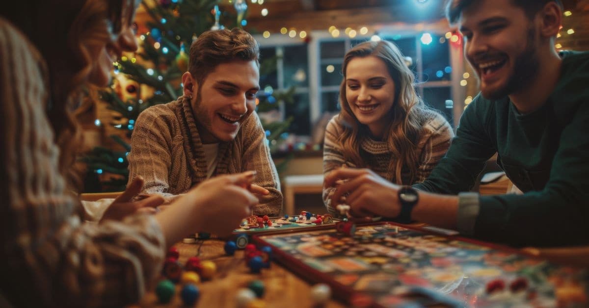 Group of four young men and women sitting at a table and laughing while playing a Christmas party game