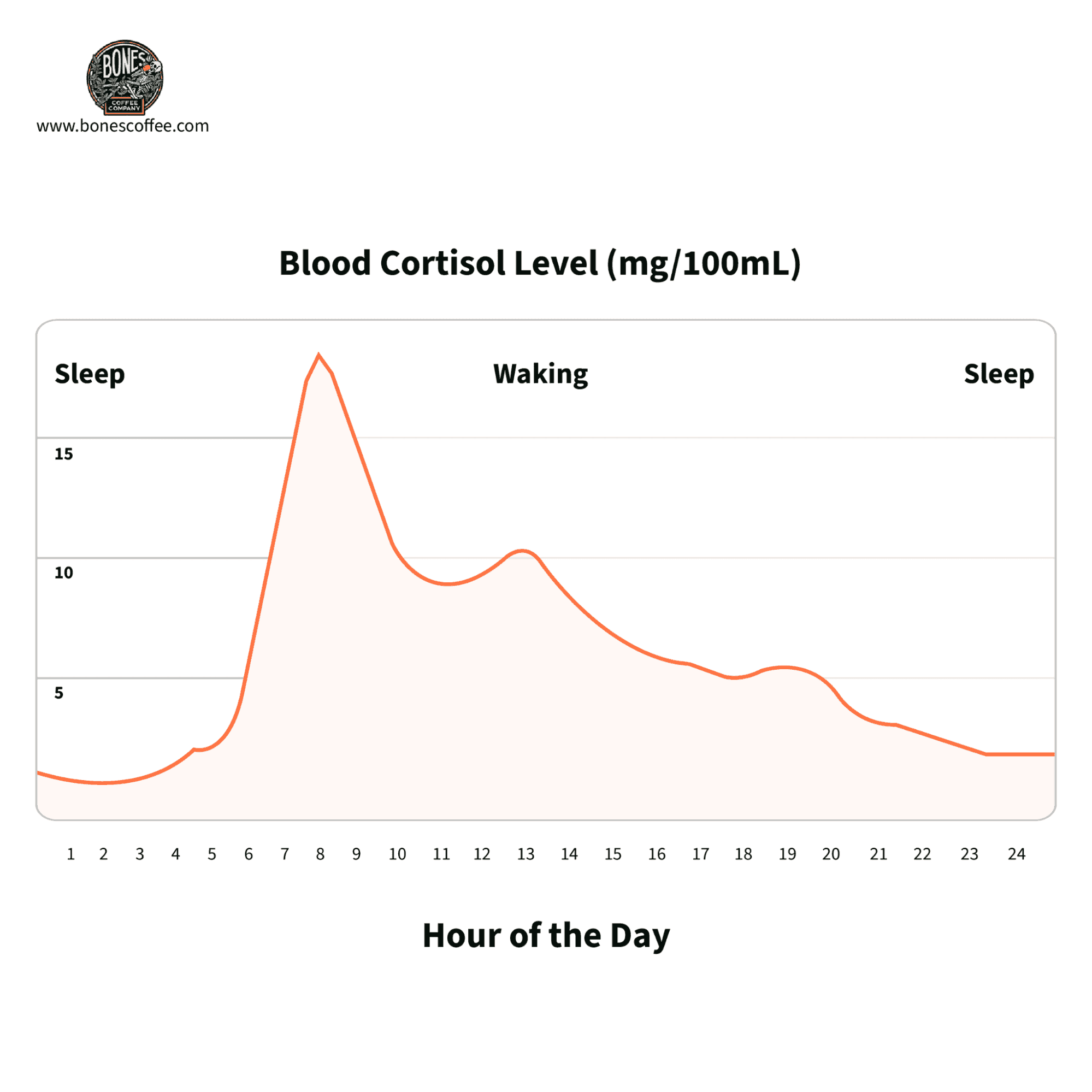 Graph showing blood cortisol levels throughout the day, with peaks during waking hours and declines during sleep.